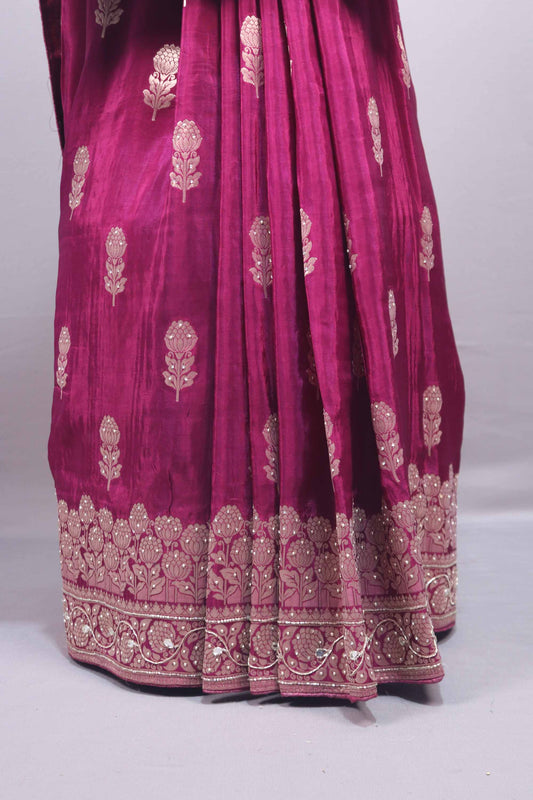 Wine Purple Banarasi Silk Saree Rich Zari Weaving Heavy Border