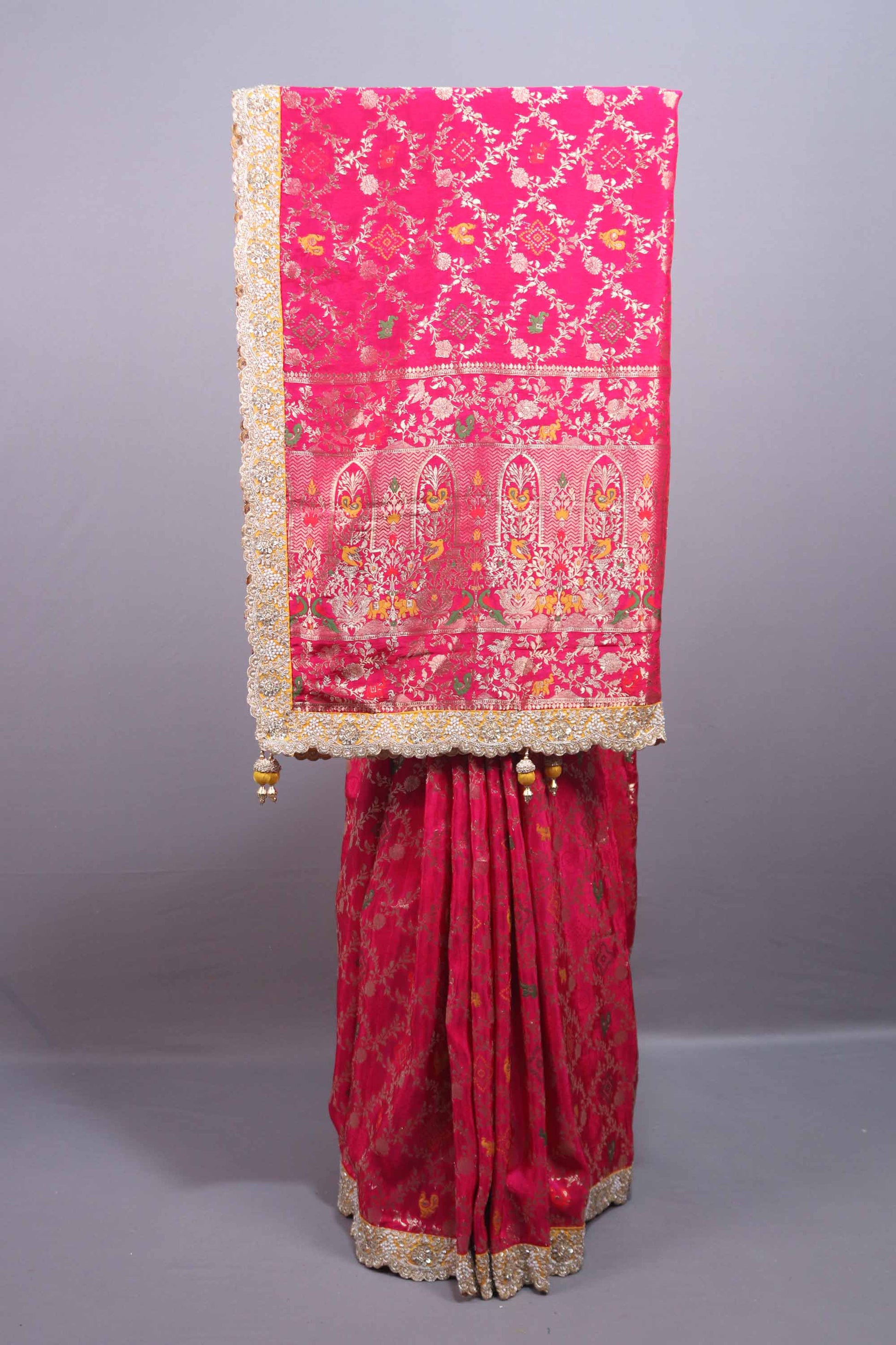 Rani Pink Banarasi Silk Saree Heavy Zari Border Meenakari Weaving Saree