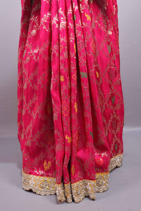 Rani Pink Banarasi Silk Saree Heavy Zari Border Meenakari Weaving Saree