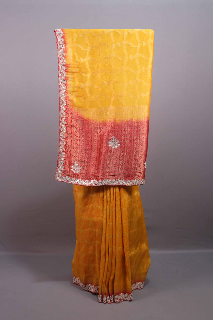 Mustard Yellow Silk Saree Red Contrast Border Embroidered Lace Saree