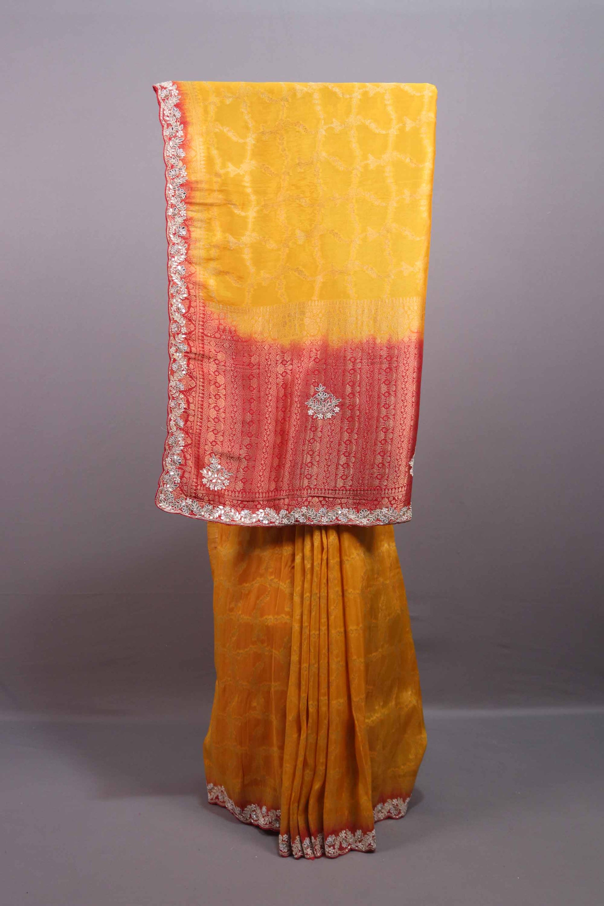 Mustard Yellow Silk Saree Red Contrast Border Embroidered Lace Saree