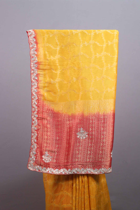 Mustard Yellow Silk Saree Red Contrast Border Embroidered Lace Saree