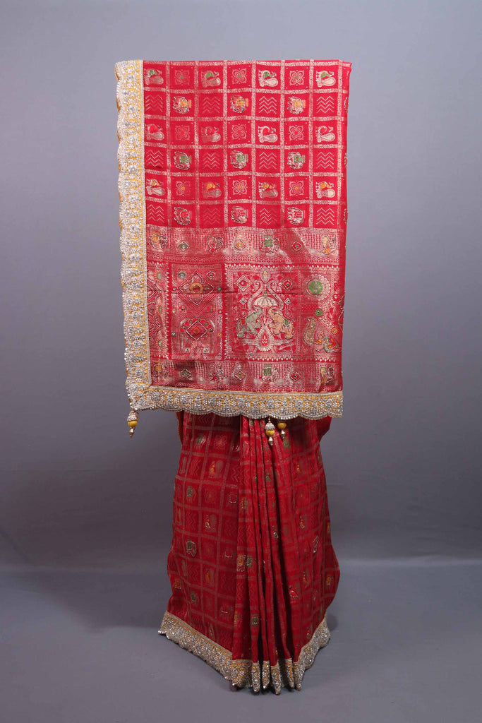 Red Banarasi Silk Saree with Meenakari Motifs Heavy Zari Border 