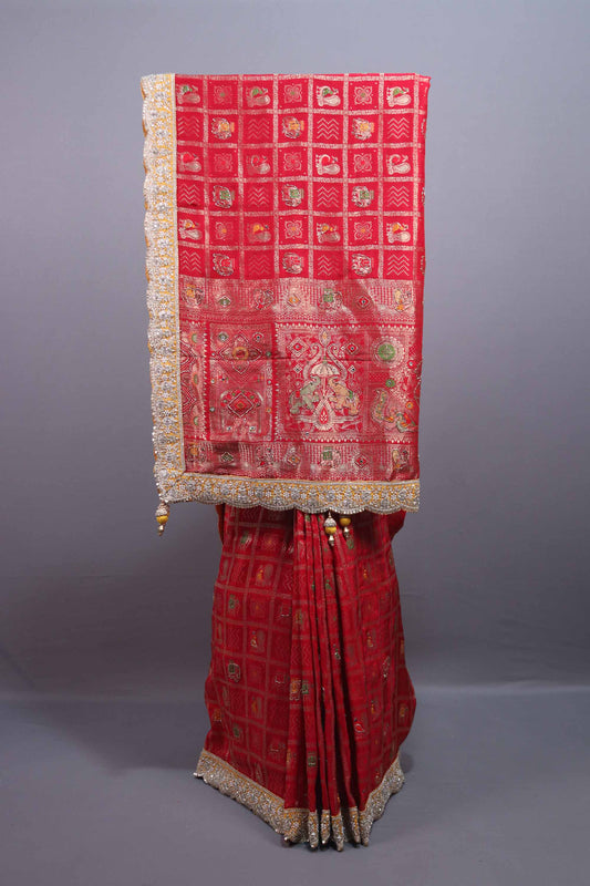 Red Banarasi Silk Saree with Meenakari Motifs Heavy Zari Border 