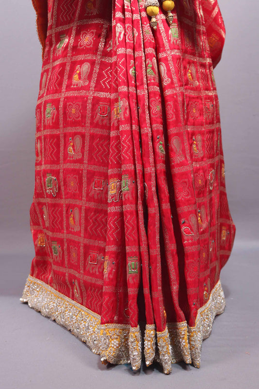 Red Banarasi Silk Saree with Meenakari Motifs Heavy Zari Border