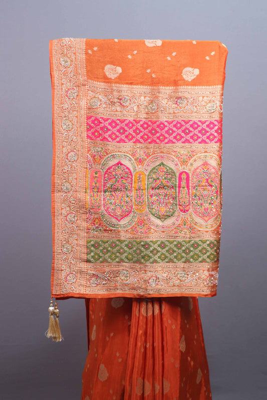 Orange Banarasi Silk Saree Pink Green Meenakari Pallu Heavy Zari Border
