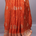 Orange Banarasi Silk Saree Pink Green Meenakari Pallu Heavy Zari Border