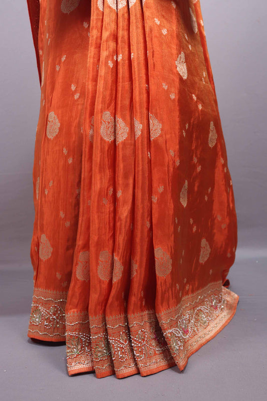 Orange Banarasi Silk Saree Pink Green Meenakari Pallu Heavy Zari Border