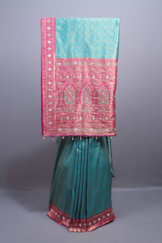 Turquoise Blue Banarasi Silk Saree Rani Pink Heavy Zari Border Meenakari Pallu