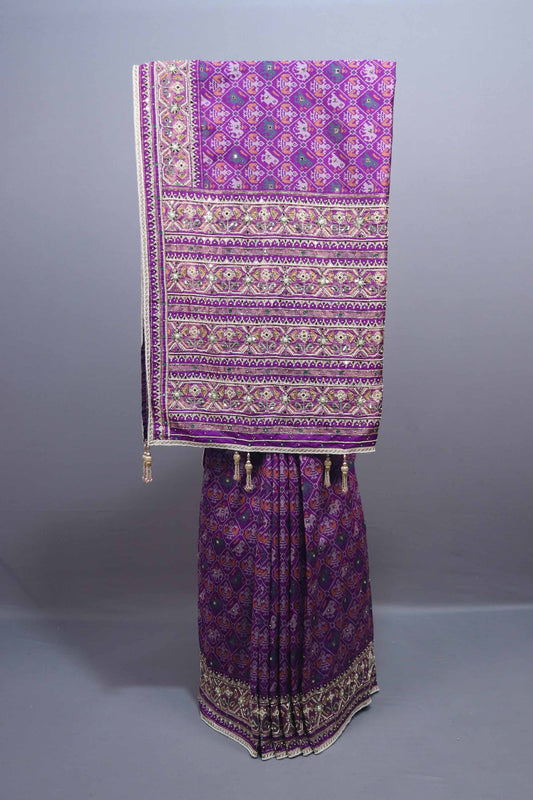 Purple Traditional Embroidered Saree Heavy Border Tassel Pallu 