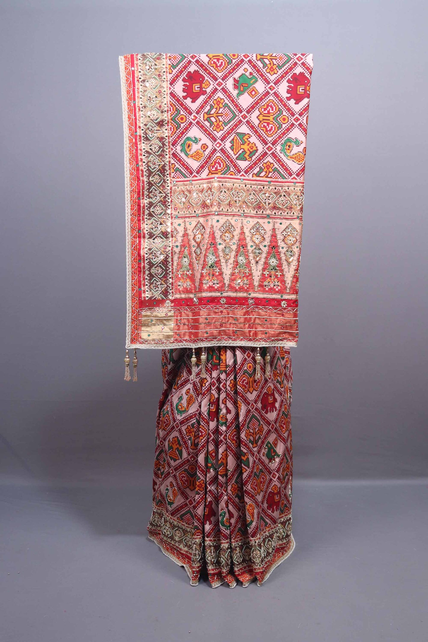 Pink Red Traditional Patola Saree Heavy Embroidered Border Tassel Pallu