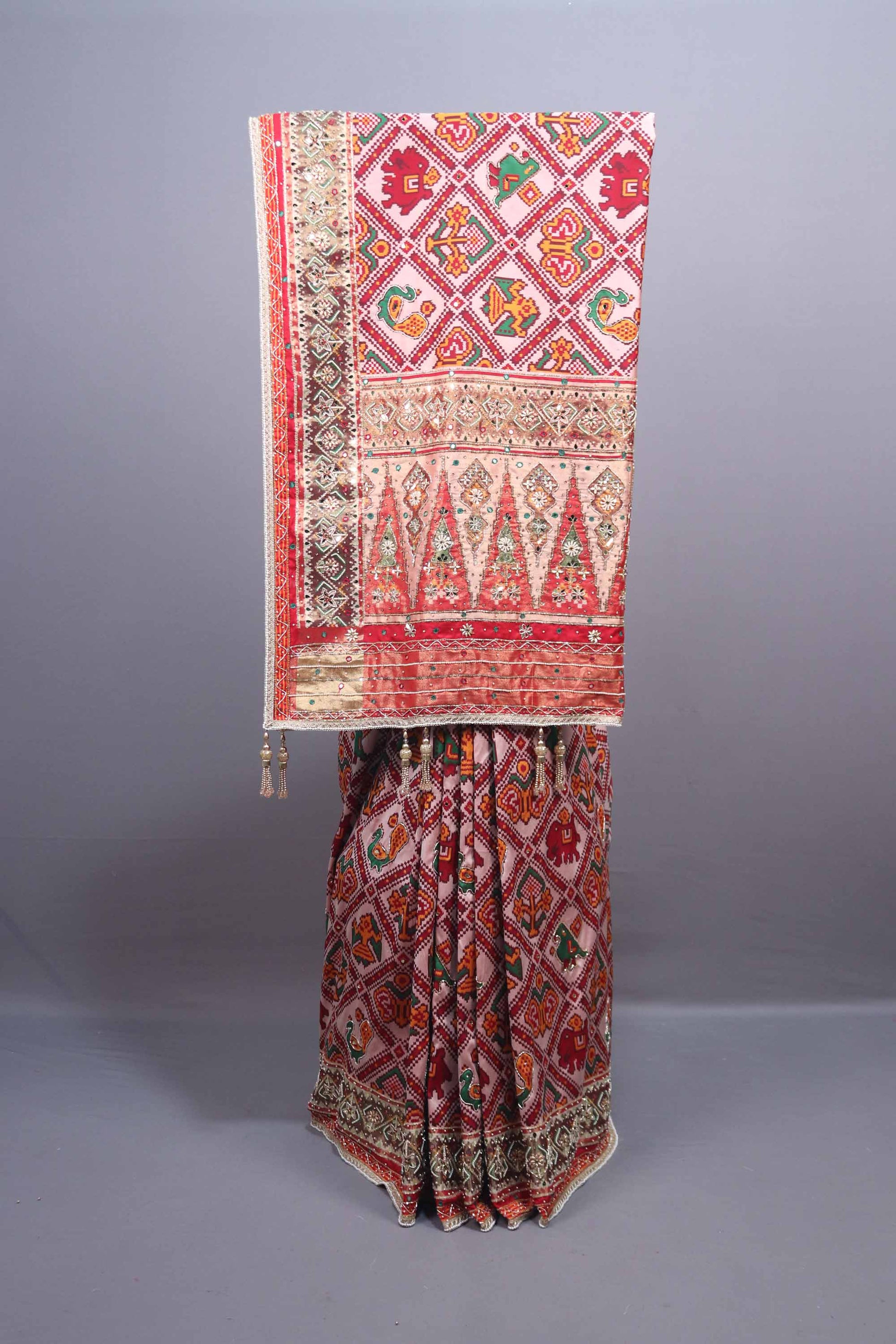 Pink Red Traditional Patola Saree Heavy Embroidered Border Tassel Pallu