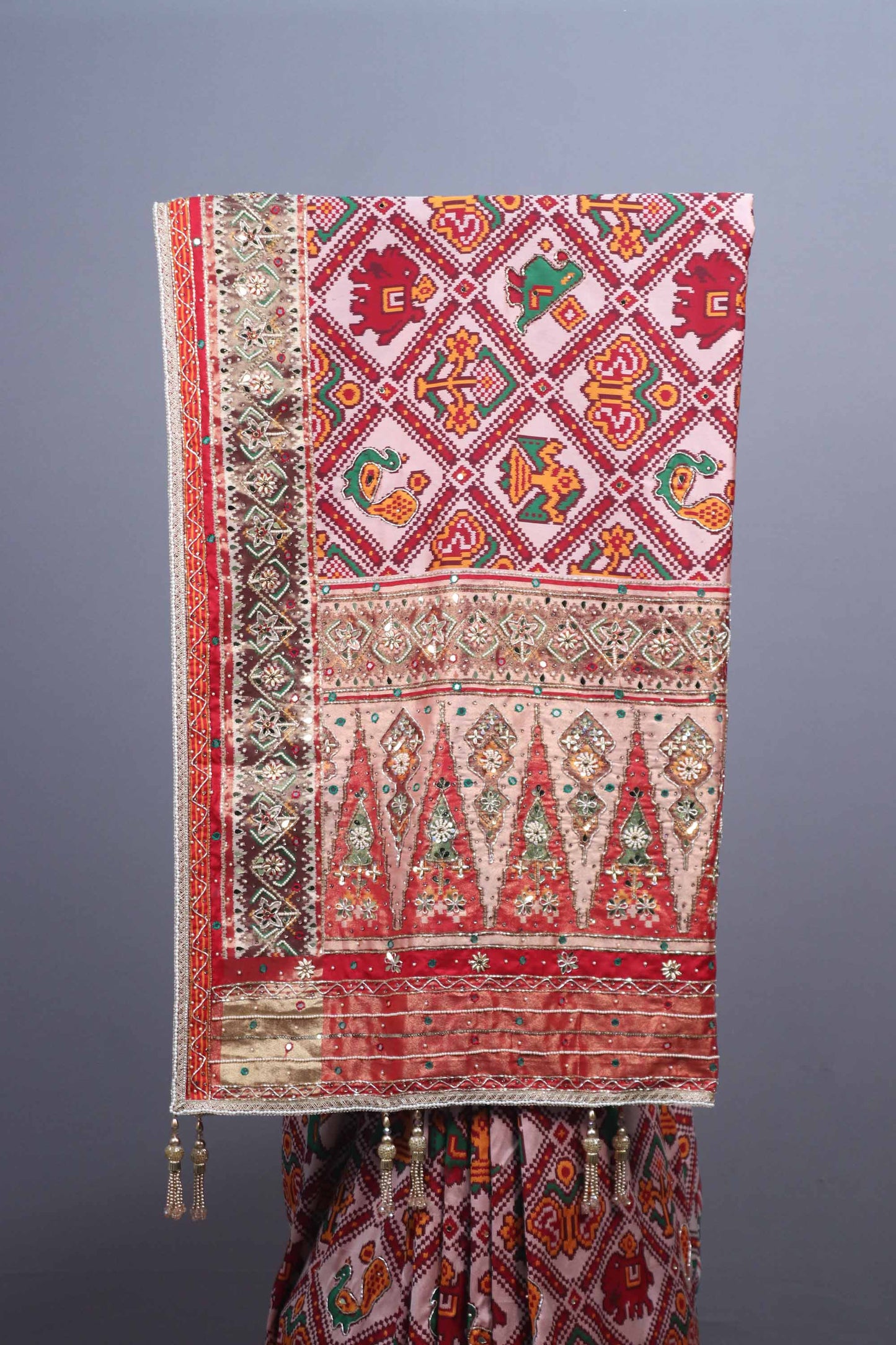 Pink Red Traditional Patola Saree Heavy Embroidered Border Tassel Pallu