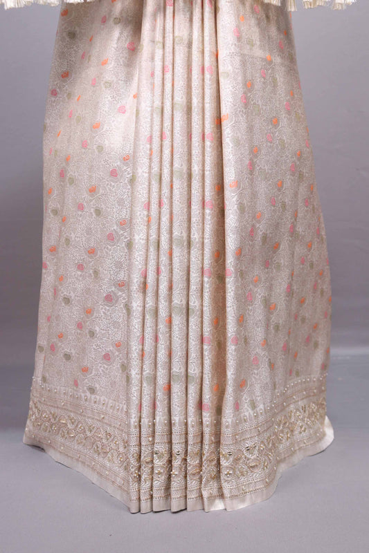 Off White Embroidered Silk Saree with Floral Pallu Tassel Border