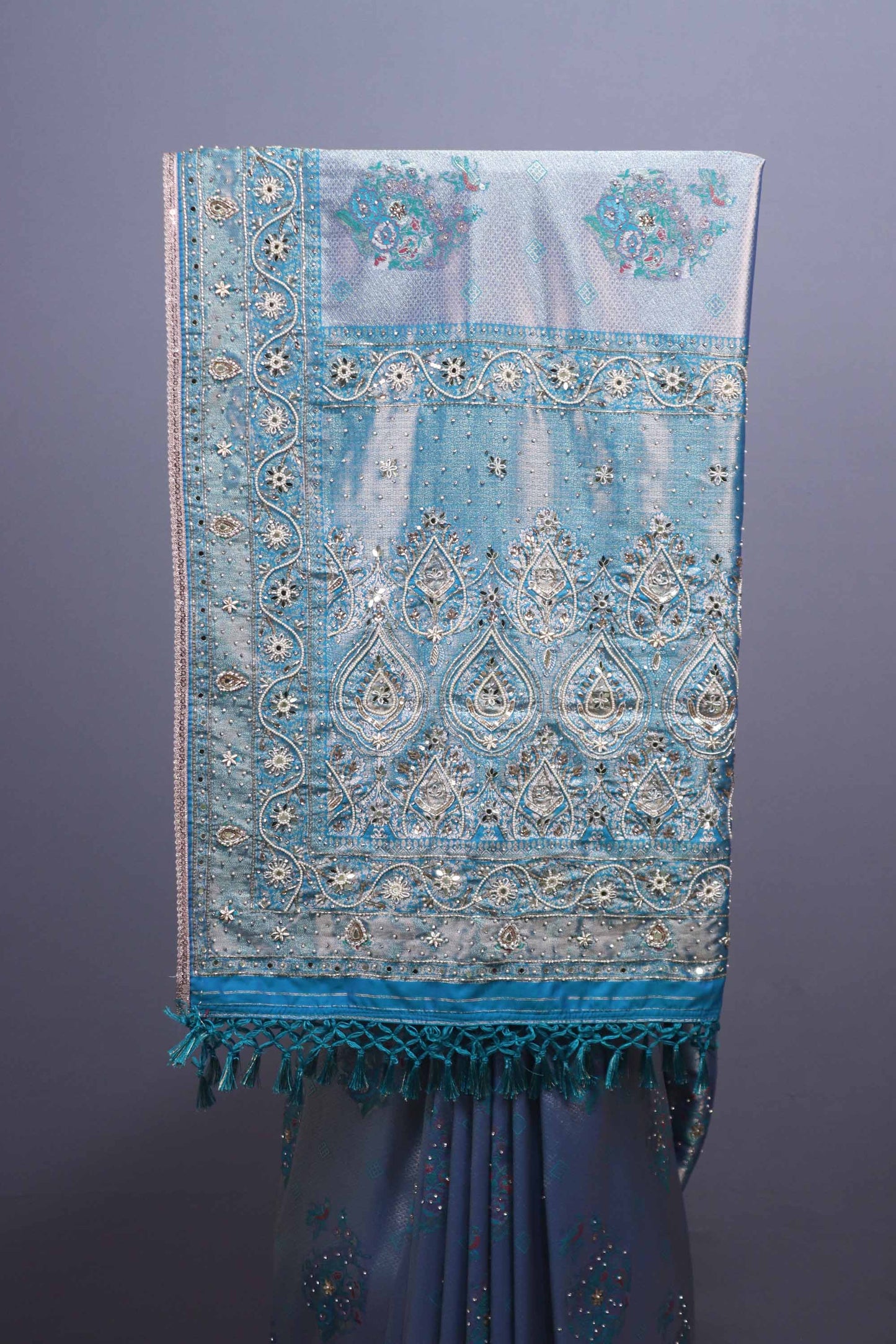 Sky Blue Designer Embroidered Saree Heavy Zari Border Tassel Pallu