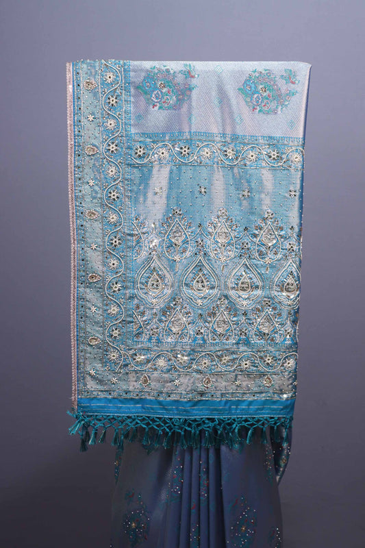 Sky Blue Designer Embroidered Saree Heavy Zari Border Tassel Pallu