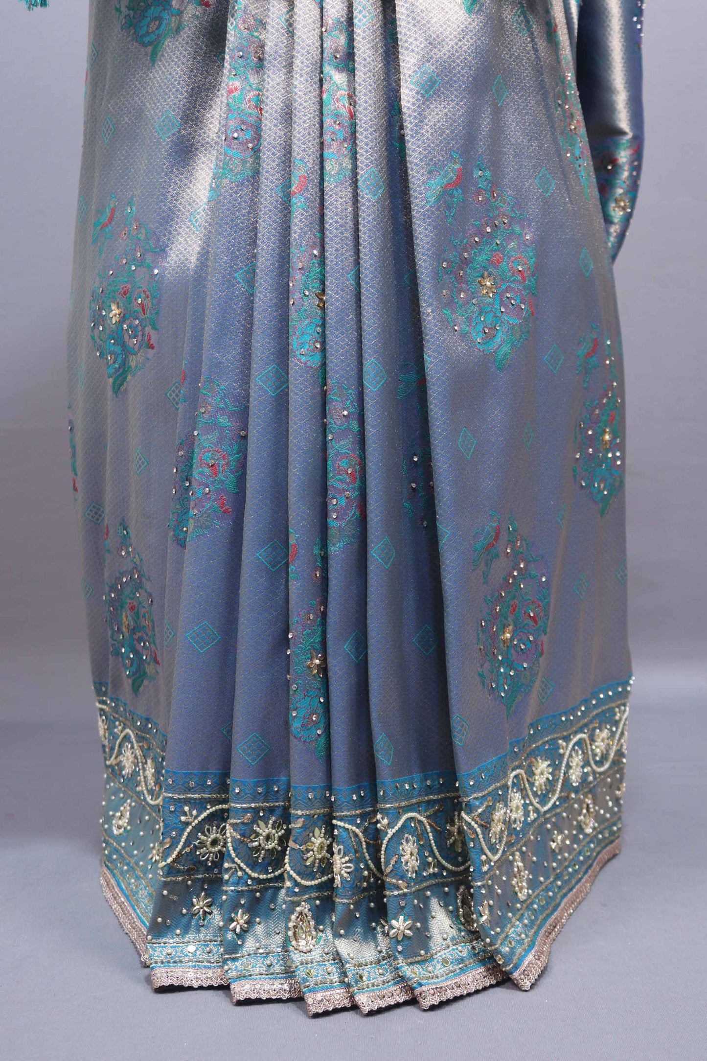 Sky Blue Designer Embroidered Saree Heavy Zari Border Tassel Pallu