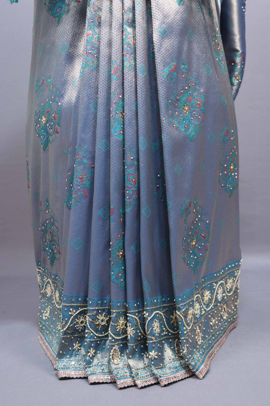 Sky Blue Designer Embroidered Saree Heavy Zari Border Tassel Pallu