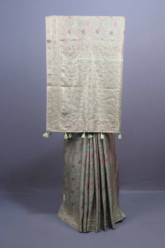 Pista Green Floral Embroidered Saree with Heavy Border Tassel Pallu 