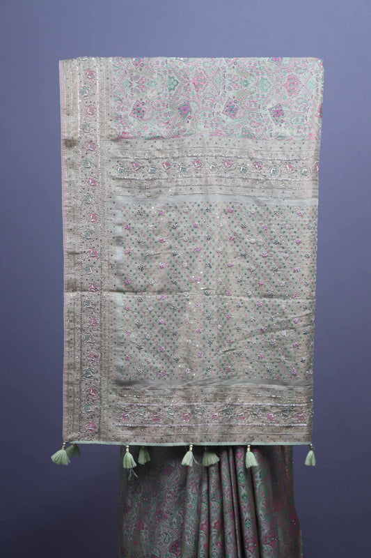 Pista Green Floral Embroidered Saree with Heavy Border Tassel Pallu