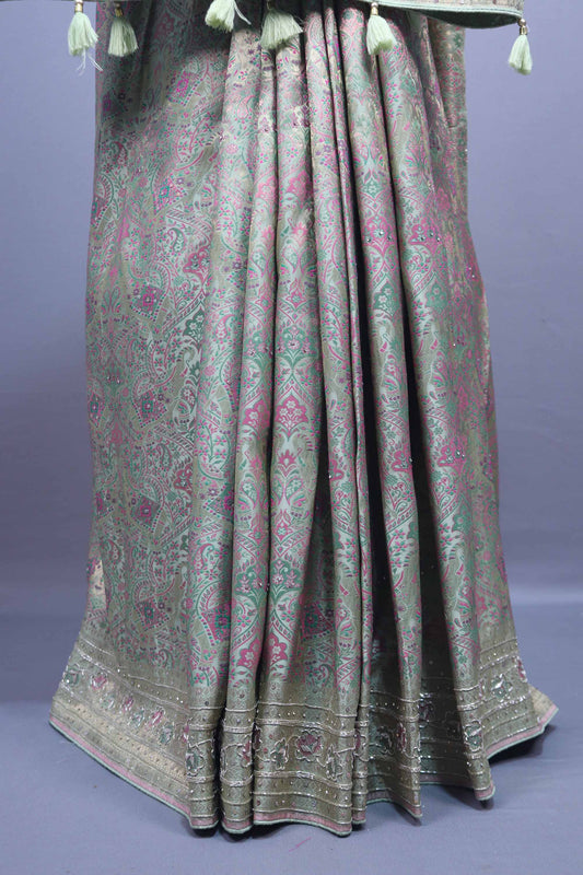 Pista Green Floral Embroidered Saree with Heavy Border Tassel Pallu