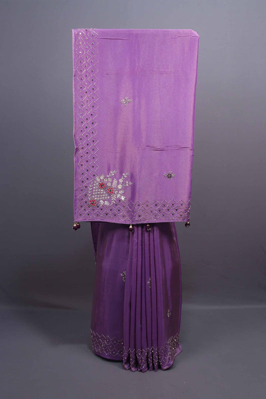 Purple Designer Silk Saree with Floral Embroidery Mirror Work Border