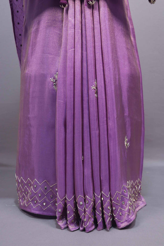 Purple Designer Silk Saree with Floral Embroidery Mirror Work Border