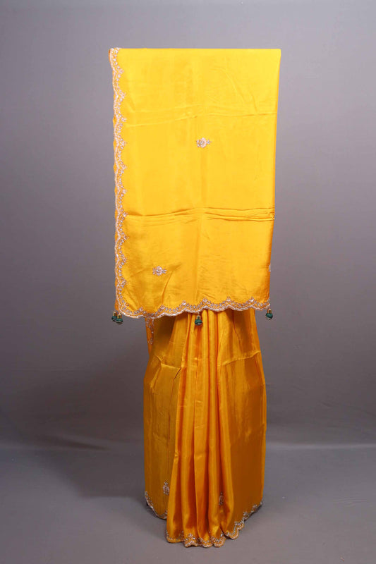 Bright Yellow Silk Saree with Embroidered Scallop Border Tassel Pallu 