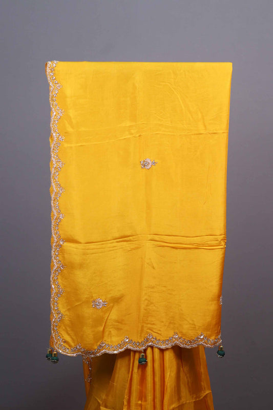 Bright Yellow Silk Saree with Embroidered Scallop Border Tassel Pallu