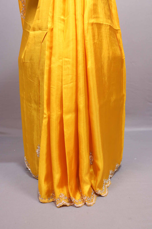 Bright Yellow Silk Saree with Embroidered Scallop Border Tassel Pallu