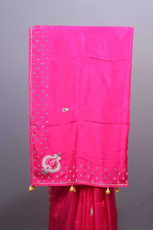 Rani Pink Silk Saree with Paisley Embroidery Mirror Work Border