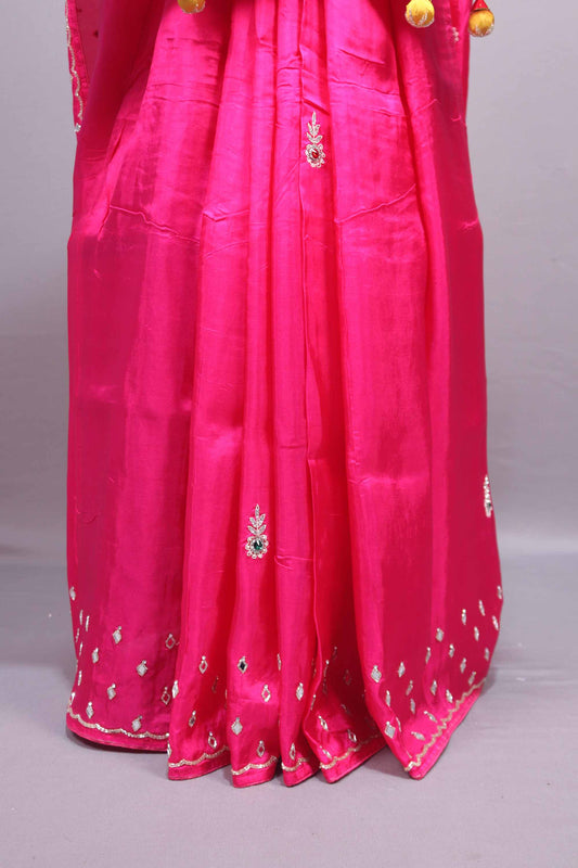 Rani Pink Silk Saree with Paisley Embroidery Mirror Work Border