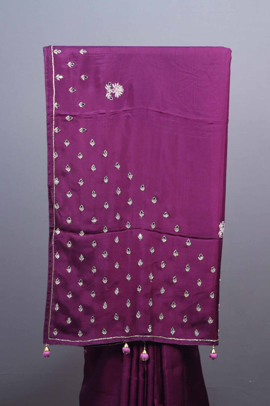Dark Plum Silk Saree with Silver Butti Embroidery Tassel Border