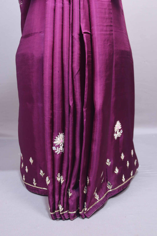 Dark Plum Silk Saree with Silver Butti Embroidery Tassel Border