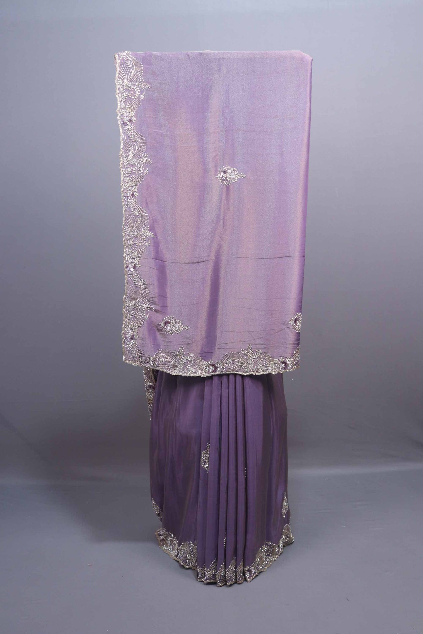 Lavender Silk Saree with Heavy Silver Embroidered Border Designer Pallu 