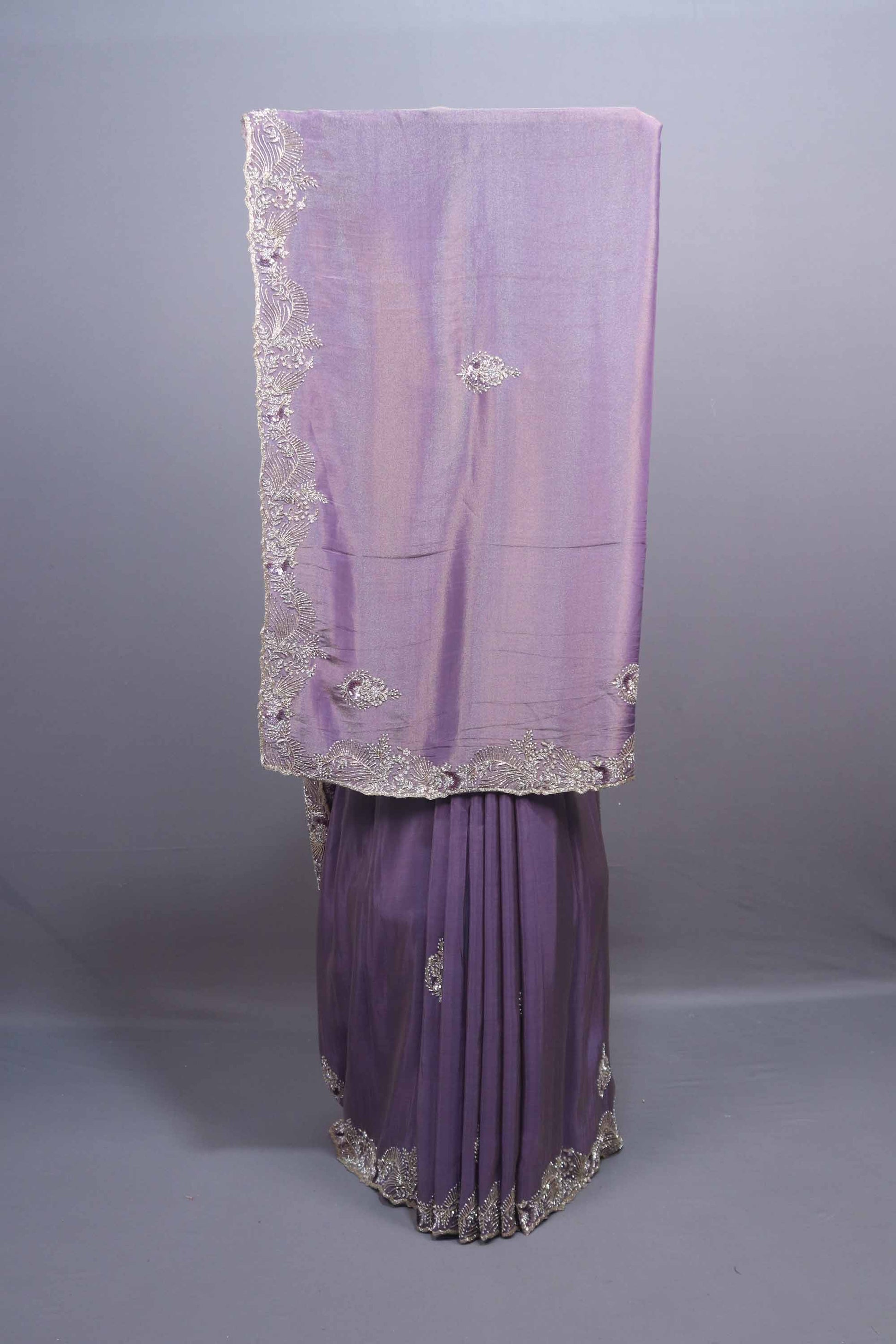 Lavender Silk Saree with Heavy Silver Embroidered Border Designer Pallu 