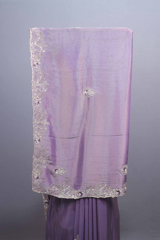 Lavender Silk Saree with Heavy Silver Embroidered Border Designer Pallu