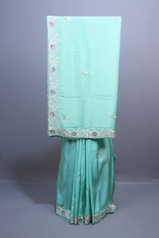 Sea Green Soft Georgette Saree Silver Zari Embroidered Border