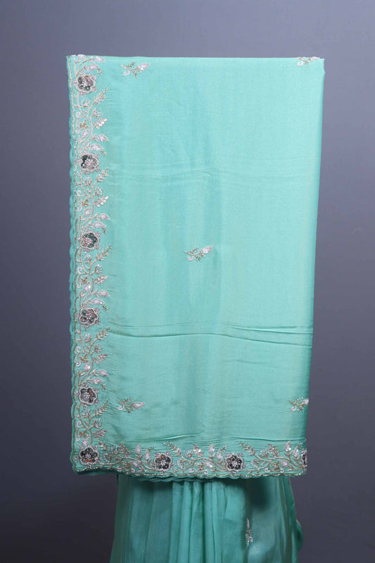 Sea Green Soft Georgette Saree Silver Zari Embroidered Border