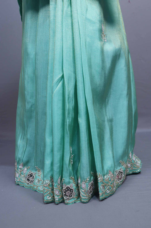 Sea Green Soft Georgette Saree Silver Zari Embroidered Border