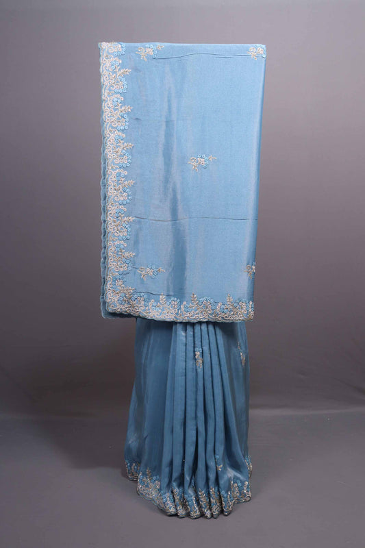 Dusty Blue Soft Georgette Saree with Silver Zari Embroidered Border 