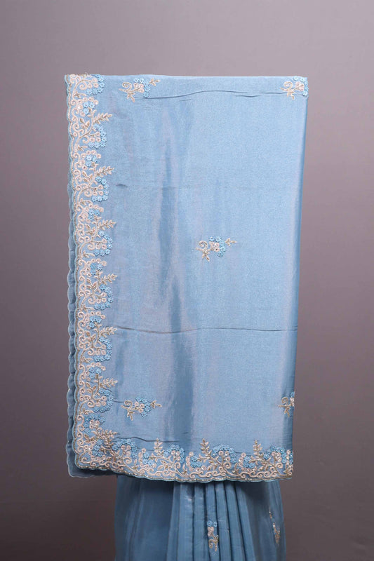 Dusty Blue Soft Georgette Saree with Silver Zari Embroidered Border