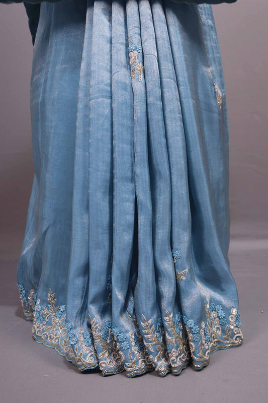 Dusty Blue Soft Georgette Saree with Silver Zari Embroidered Border