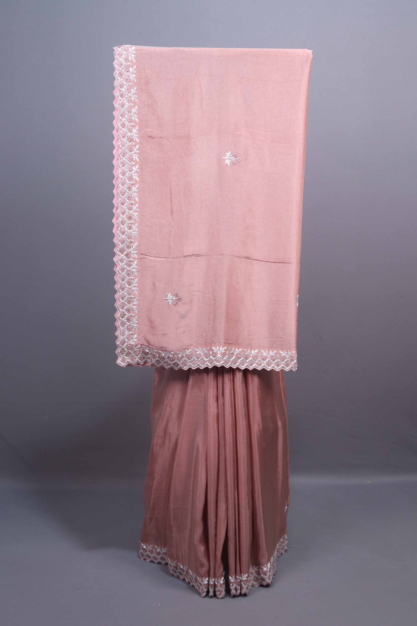 Dusty Rose Soft Georgette Saree Silver Embroidered Border 