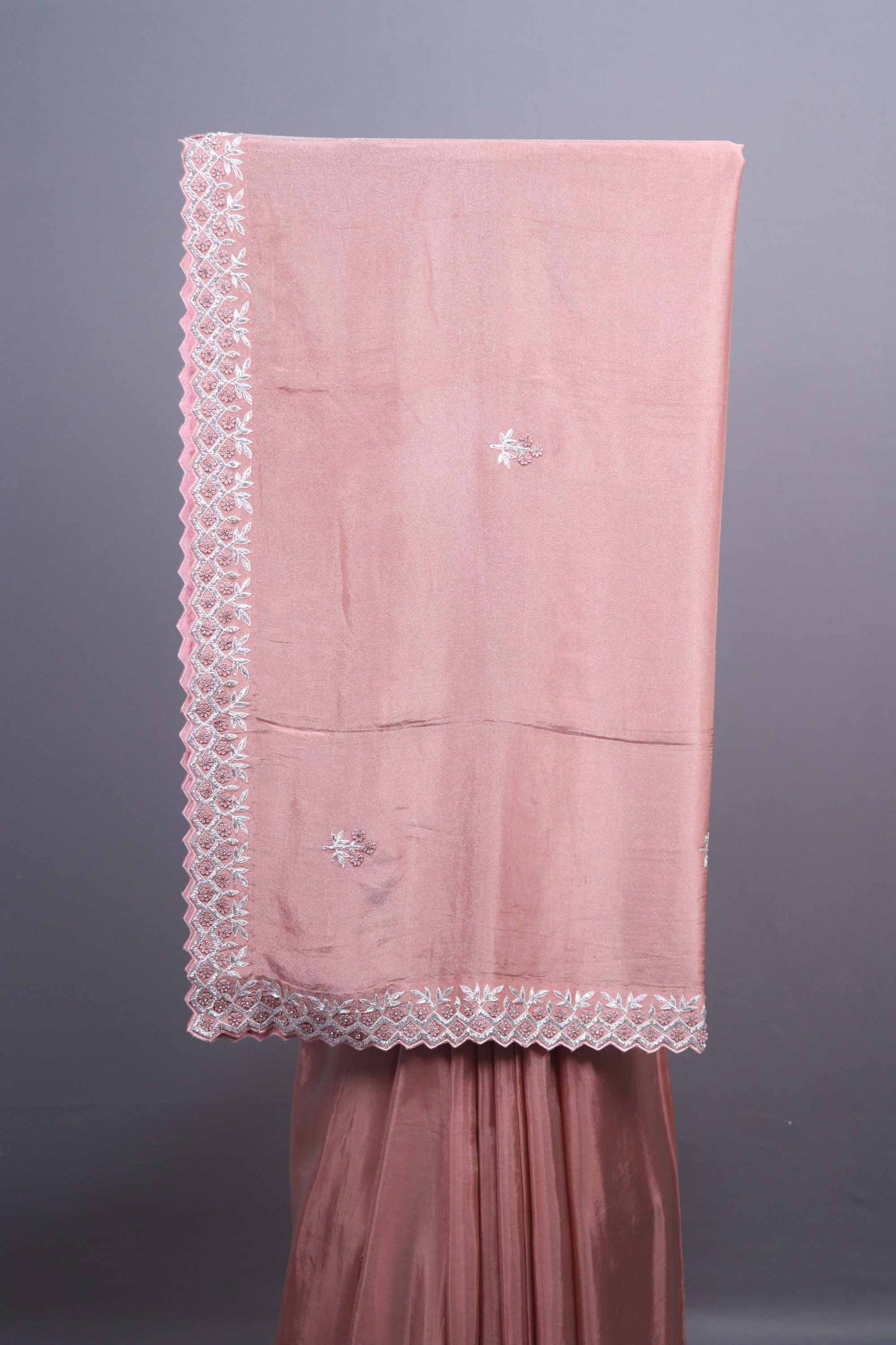 Dusty Rose Soft Georgette Saree Silver Embroidered Border