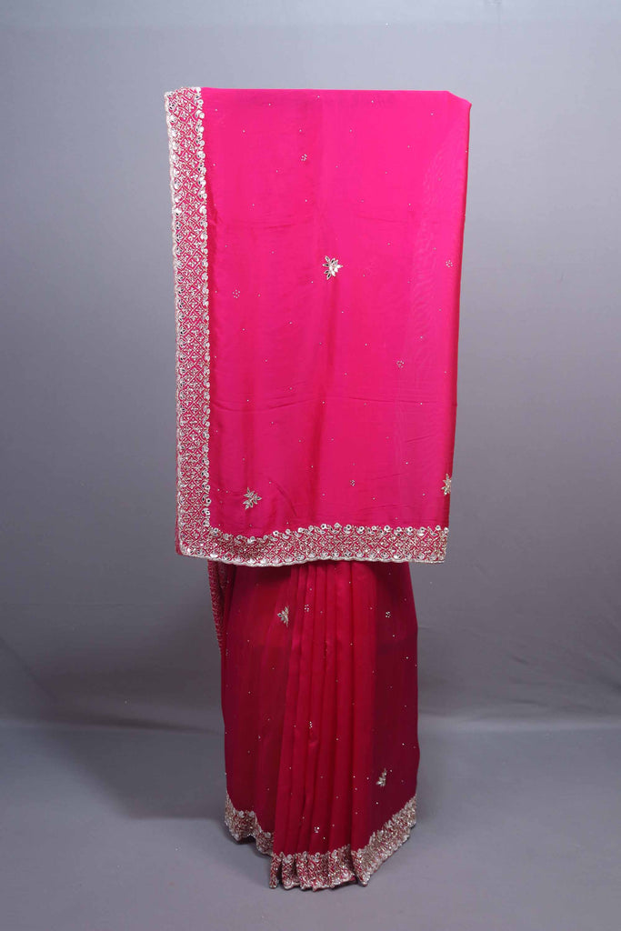 Rani Pink Soft Georgette Saree with Silver Embroidered Border