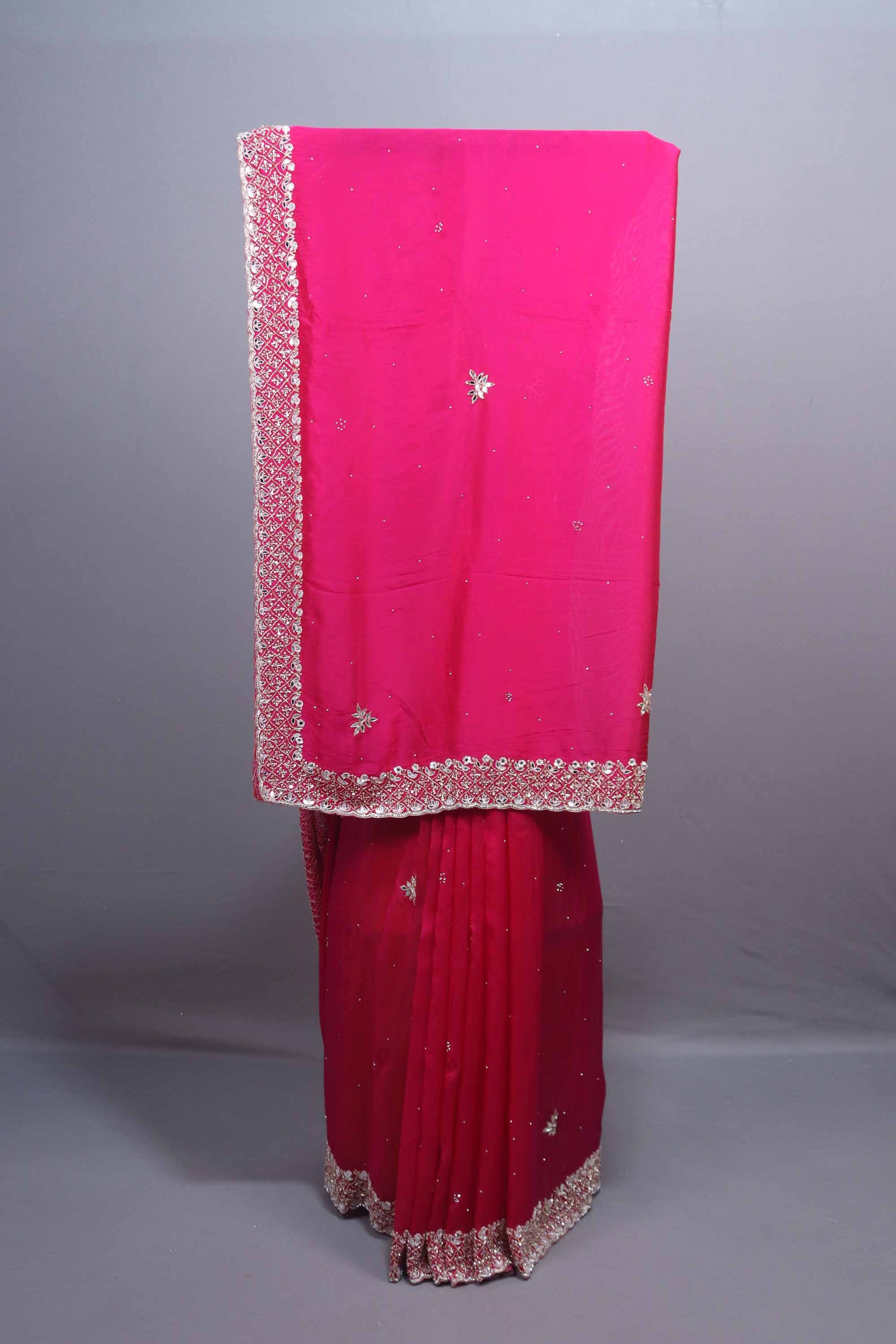 Rani Pink Soft Georgette Saree with Silver Embroidered Border