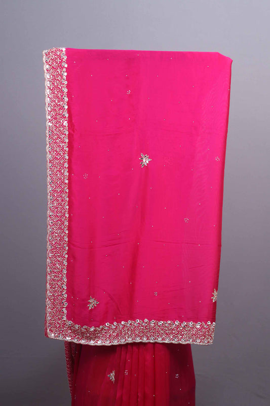 Rani Pink Soft Georgette Saree with Silver Embroidered Border