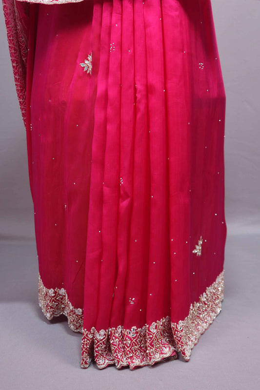 Rani Pink Soft Georgette Saree with Silver Embroidered Border