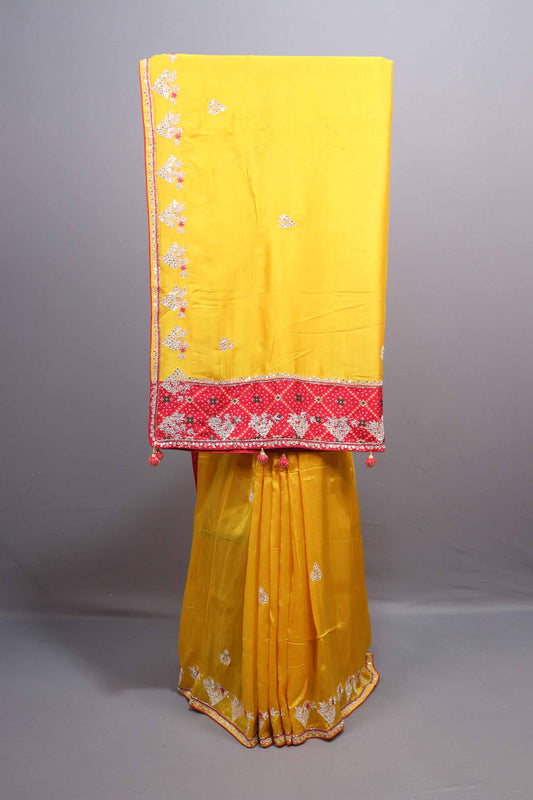 Mustard Yellow Soft Georgette Saree with Red Embroidered Border